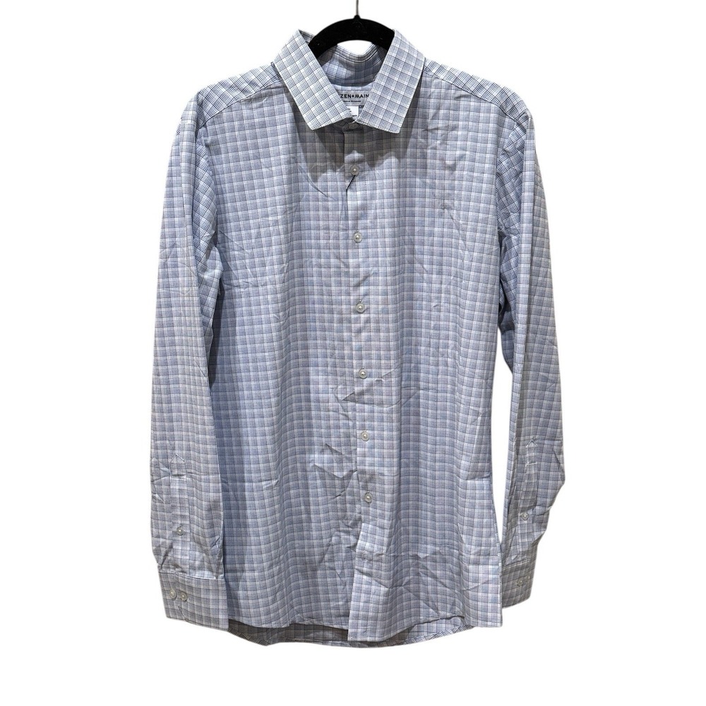 Mizzen Main Dress Shirt Mens Blue Check Trim Fit No Iron Button Up Size Medium
